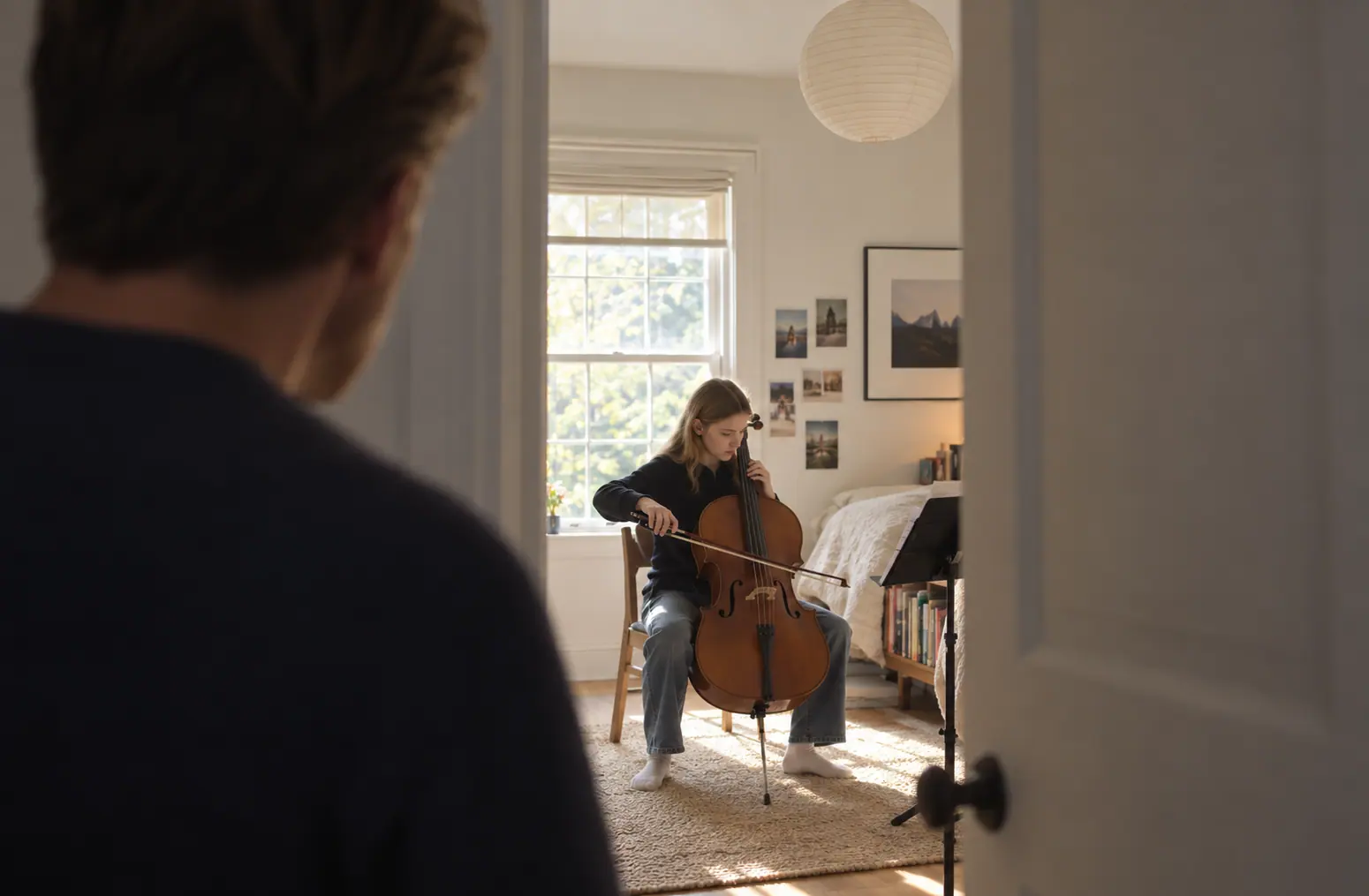 A parent watching their child practise at home
