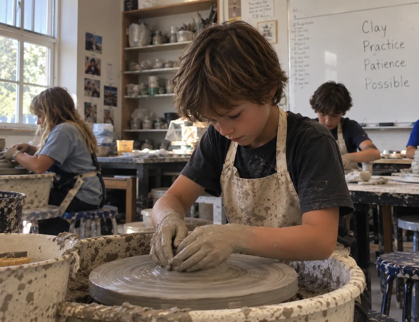 A kid shaping clay on a pottery wheel