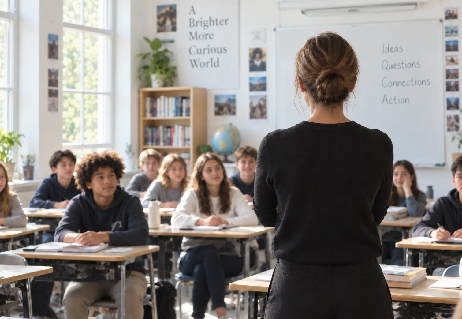 A teacher at the back of a classroom